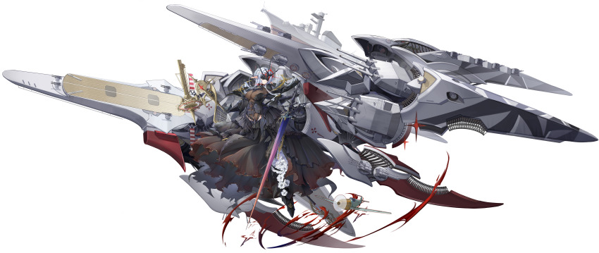 1girl absurdres aiii_(normal)_(warship_girls_r) aiii_(warship_girls_r) aircraft airplane anti-aircraft anti-aircraft_gun armor armored_dress armored_leotard battleship black_armor black_dress black_footwear black_gloves blindfold braid breasts cannon cleavage collar covered_eyes cross crown_braid dress elf energy flight_deck flower frills full_body gauntlets gloves greatsword hair_intakes hand_on_hilt high_heels highres holding holding_sword holding_weapon huge_weapon large_breasts leotard long_dress long_hair looking_at_viewer machinery military_vehicle noisi official_art planted planted_sword planted_weapon pointy_ears propeller propeller_fighter red_star rigging see-through_cleavage see-through_clothes ship ship_deck ship_turret sidelocks solo spiked_collar spikes star_(symbol) sword torn_clothes torn_dress warship warship_girls_r watercraft weapon white_background white_hair