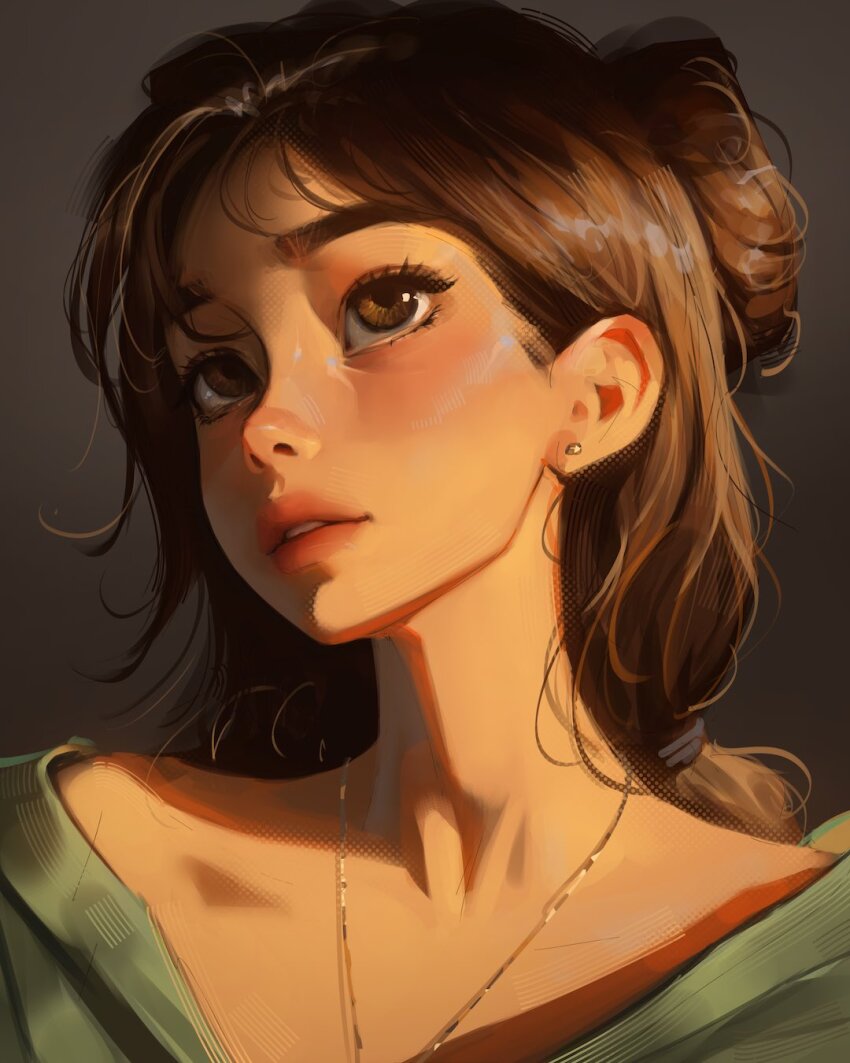 1girl brown_eyes brown_hair collarbone earrings gold_necklace green_shirt grey_background hair_bun head_tilt highres jewelry low_ponytail medium_hair necklace original ponytail portrait sam_yang shirt simple_background solo sparkling_eyes stud_earrings