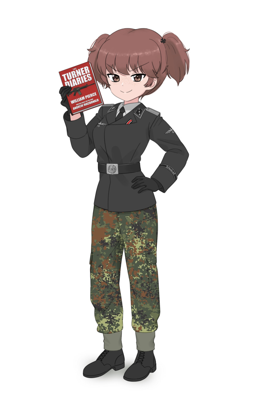 1girl absurdres alisa_(girls_und_panzer) black_cat03 black_footwear black_jacket book brown_eyes brown_hair camouflage camouflage_pants girls_und_panzer hand_on_own_hip highres holding holding_book jacket military_uniform nazi pants short_twintails smile the_turner_diaries twintails waffen-ss