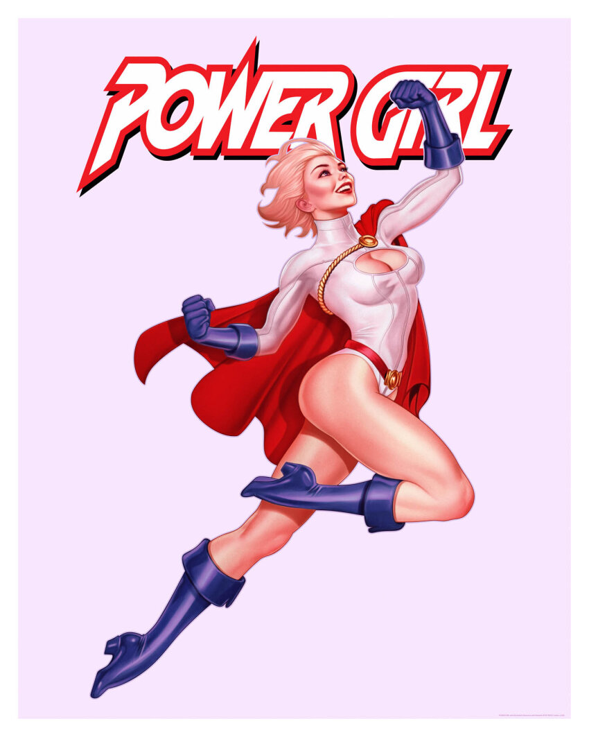 1girl aiguillette ass bare_legs belt blonde_hair blue_boots blue_gloves boots border breasts cape character_name cleavage_cutout clenched_hand clothing_cutout commentary copyright_notice dc_comics english_commentary floating full_body gloves high_heel_boots high_heels highres john_keaveney large_breasts leotard looking_up official_art power_girl power_girl_(1976_costume) red_belt red_cape short_hair simple_background sleeved_leotard solo superhero_costume teeth upper_teeth_only white_border white_leotard