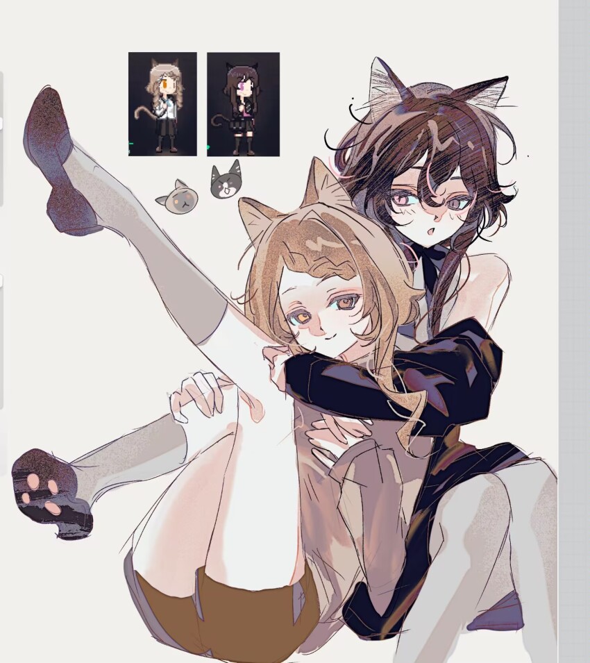 2girls animal_ears black_hoodie black_pants blonde_hair blush braid brown_hair cat_ears cat_girl closed_mouth degrees_of_lewdity freesia_quan grey_background highres hood hoodie long_sidelocks looking_at_another looking_at_viewer multiple_girls open_mouth pants pink_eyes player_character_(degrees_of_lewdity) player_character_(female)_(degrees_of_lewdity) two-tone_background very_long_sidelocks