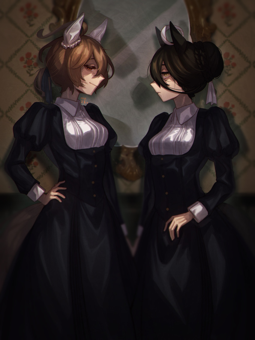 2girls absurdres agnes_tachyon_(umamusume) animal_ears black_dress black_hair breasts brown_hair collared_dress dress ear_covers expressionless hair_between_eyes hair_bun hair_ribbon hand_on_own_hip highres horse_ears horse_girl horse_tail indoors light_smile long_bangs long_dress long_hair long_hair_between_eyes long_sleeves looking_at_another looking_at_viewer low_ponytail manhattan_cafe_(umamusume) mirror mujintou_png multicolored_hair multiple_girls ponytail puffy_long_sleeves puffy_sleeves red_eyes ribbon sidelocks single_hair_bun small_breasts tail umamusume vintage_clothes white_hair white_ribbon yellow_eyes