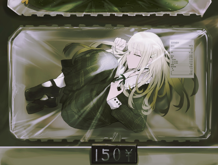 1girl absurdres anli_(jwcpp4sum0mgk5r) bang_dream! bang_dream!_it&#039;s_mygo!!!!! commentary dress green_theme hair_ornament hairclip highres long_hair long_sleeves lying neck_ribbon on_side plaid_clothes plaid_dress price_tag ribbon sidelocks solo symbol-only_commentary translation_request wakaba_mutsumi