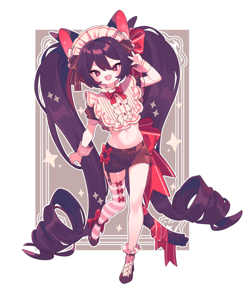 1girl animal_ears arm_up asymmetrical_legwear bib_collar black_hair black_shoes black_shorts bow bowtie cat_ears cat_girl cat_tail commentary full_body garter_straps high_heels highres long_hair low_drills maid_headdress navel open_mouth original outline ozureiji puffy_short_sleeves puffy_sleeves red_bow red_bowtie red_eyes red_ribbon ribbon shoes short_sleeves shorts single_garter_strap smile socks solo sparkle symbol-only_commentary tail tail_ornament tail_ribbon tsurime twintails very_long_hair w white_outline white_socks wrist_cuffs