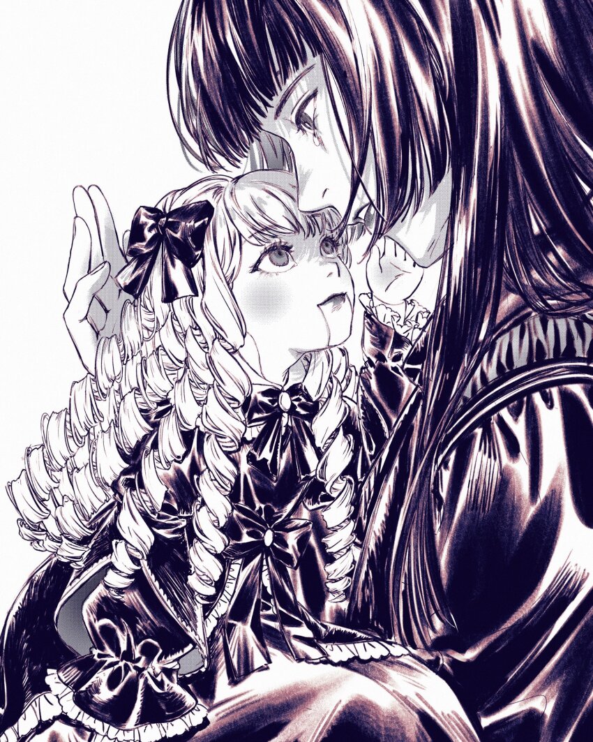 2girls blush bow check_copyright commentary copyright_request doll dress drill_hair english_commentary eye_contact greyscale hair_bow highres long_hair looking_at_another machihazure marionette monochrome multiple_girls original parted_lips puppet simple_background