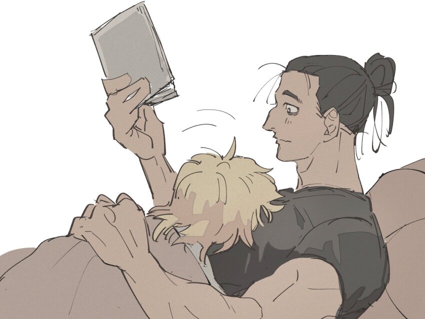 2boys badeni black_hair black_shirt blonde_hair book chi.:_chikyuu_no_undou_ni_tsuite cuddling hair_bun holding holding_book light_blush male_focus medium_hair multiple_boys muscular muscular_male oczy qpsk_6 reading shirt sketch under_covers upper_body white_background yaoi