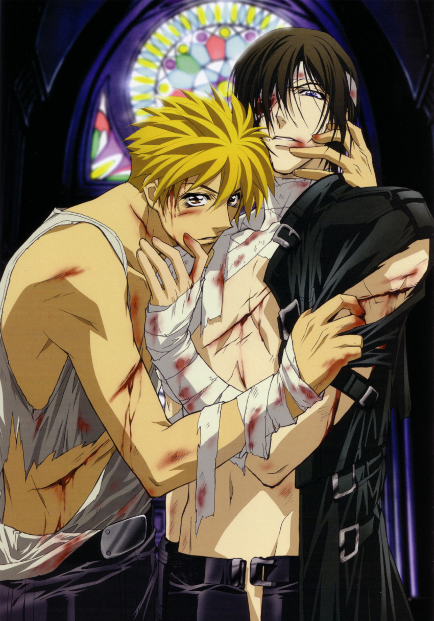 2boys amano_ginji bandages black_hair blonde_hair blood brown_eyes cigarette cuts getbackers highres injury male_focus midou_ban multiple_boys nakajima_atsuko purple_eyes yaoi