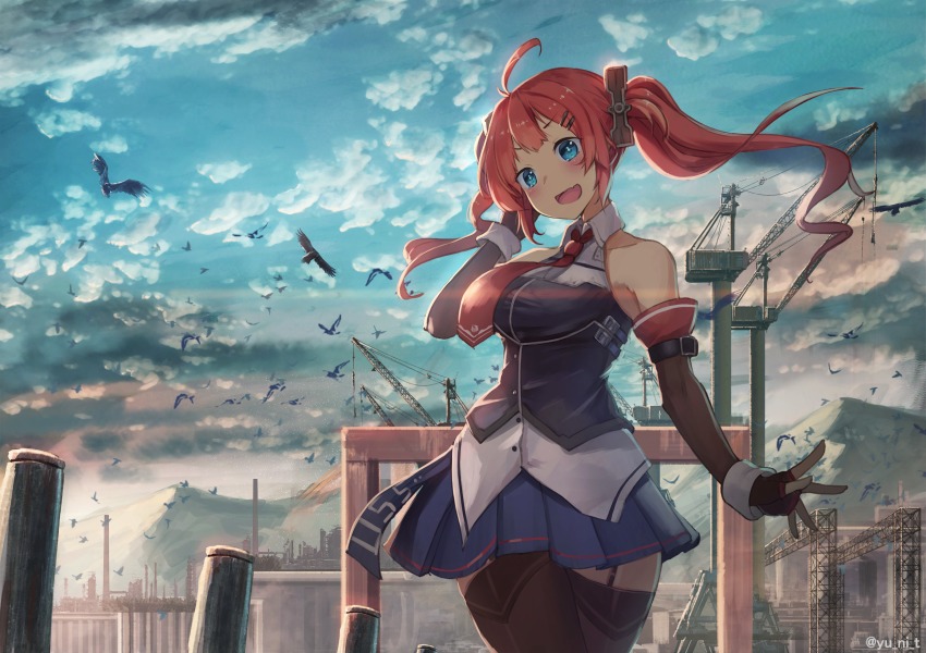 ahoge azur_lane bird blue_eyes blurry blurry_background cloud day detached_sleeves hair_ornament hairclip highres looking_at_viewer necktie open_mouth red_hair remodel_(azur_lane) san_diego_(azur_lane) san_diego_(retrofit)_(azur_lane) sky sleeveless solo thighhighs twintails twitter_username yu_ni_t