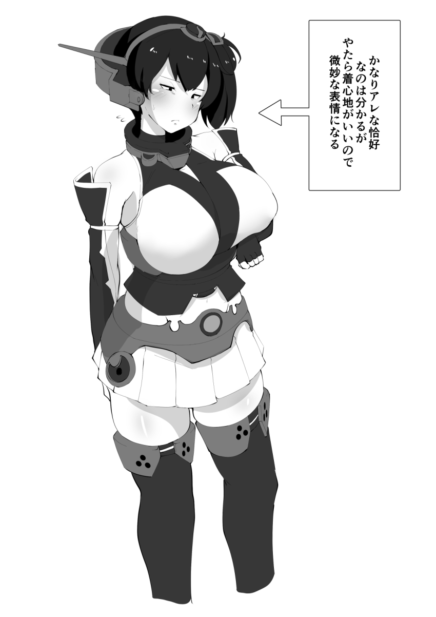 1girl alternate_costume breasts cosplay elbow_gloves female_focus fingerless_gloves gloves greyscale headgear highres kaga_(kancolle) kantai_collection konoshige_(ryuun) large_breasts miniskirt monochrome nagato_(kancolle) nagato_(kancolle)_(cosplay) pleated_skirt side_ponytail simple_background skirt solo thighhighs translation_request white_background
