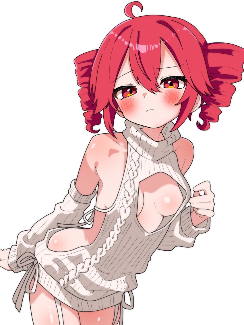 1girl ahoge backless_outfit bare_shoulders blush breasts cable_knit cleavage_cutout clothing_cutout cowboy_shot detached_sleeves drill_hair highres kasane_teto looking_at_viewer medium_breasts meme_attire red_eyes red_hair solo standing sweater turtleneck turtleneck_sweater twin_drills utau virgin_killer_sweater vvv_fnk white_sweater
