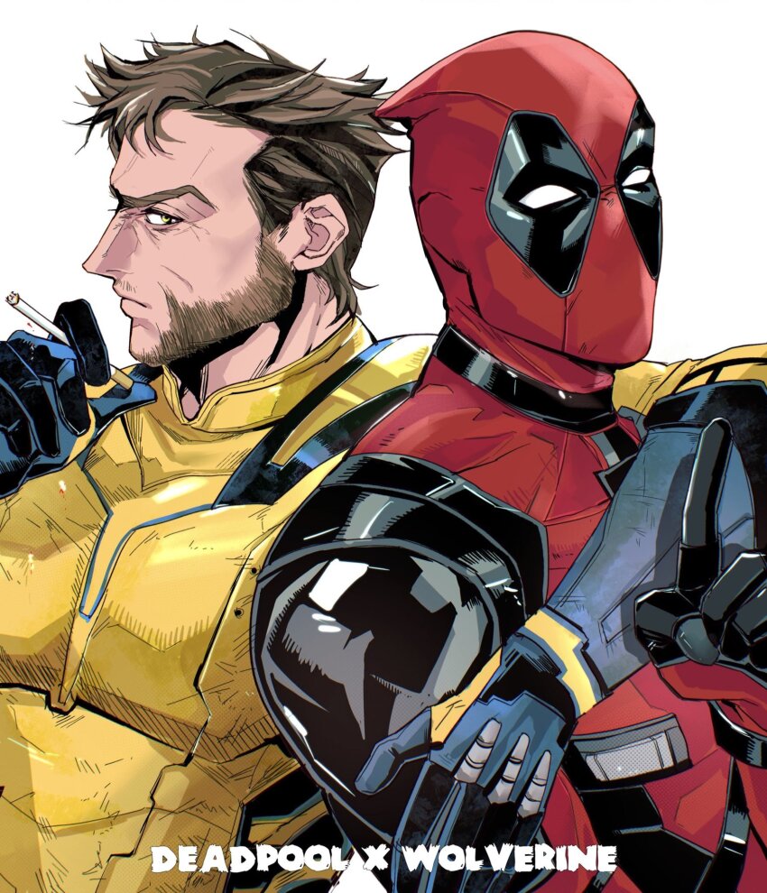 2boys beard bodysuit brown_hair cigarette closed_mouth commentary crutch_c deadpool deadpool_&amp;_wolverine deadpool_(series) english_commentary facial_hair gloves green_eyes highres holding holding_cigarette index_finger_raised looking_at_viewer male_focus marvel multicolored_bodysuit multiple_boys red_bodysuit red_mask short_hair single_arm_hug superhero_costume two-tone_bodysuit wolverine_(x-men) x-men yaoi yellow_bodysuit