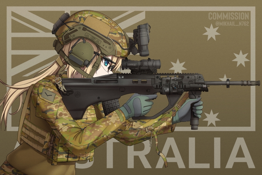 1girl assault_rifle australia australian_army australian_flag blonde_hair blue_eyes blue_gloves bullpup camouflage camouflage_jacket combat_helmet commission english_text gloves green_jacket grey_background gun helmet highres jacket long_hair mikhail_n762 military_combat_uniform military_uniform original rifle solo steyr_aug weapon woodland_camouflage