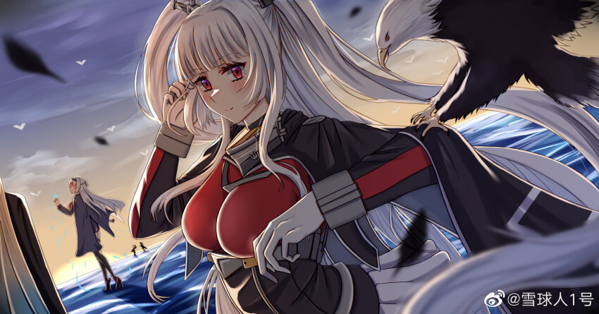 2girls bird black_skirt blush breasts closed_mouth eagle essex_(warship_girls_r) floating_hair gloves highres intrepid_(warship_girls_r) jacket large_breasts long_hair looking_at_viewer multiple_girls ocean one_side_up pantyhose red_eyes skirt sky smile standing very_long_hair warship_girls_r watermark weibo_watermark white_gloves white_hair zhongjironghe_x