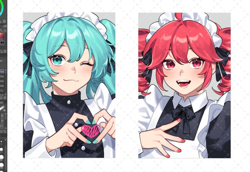 2girls :3 ahoge alternate_costume apron art_program_in_frame black_bow black_dress black_ribbon blue_eyes blue_hair blue_nails blush bow buttons closed_mouth commentary commentary_request dress drill_hair english_commentary enmaided fangs fingernails frilled_hairband frills grimruu hair_between_eyes hairband hand_on_own_chest hatsune_miku heart heart_hands kasane_teto maid multiple_girls neck_ribbon red_eyes red_hair red_nails ribbon teeth twin_drills twintails upper_body utau vocaloid white_apron