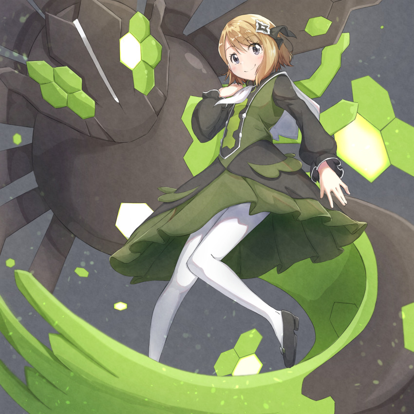 1girl absurdres blonde_hair blush dress gen_6_pokemon grey_eyes hair_ornament hair_ribbon highres legendary_pokemon looking_at_viewer negimiso1989 nintendo official_alternate_costume pantyhose pokemon pokemon_(creature) pokemon_masters_ex ribbon serena_(pokemon) serena_(sygna_suit)_(pokemon) short_hair sleeveless smile white_pantyhose zygarde zygarde_(50)