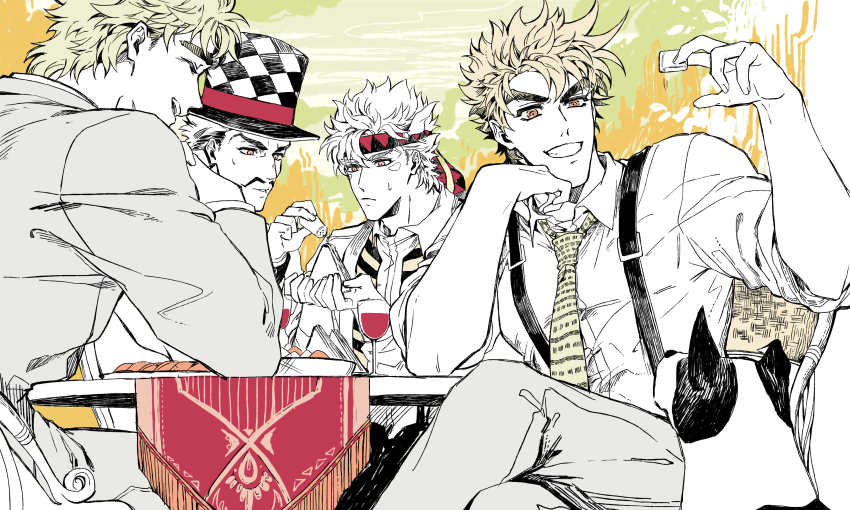 4boys absurdres alcohol bad_id bad_pixiv_id battle_tendency caesar_anthonio_zeppeli cup danny_(jojo) dog drinking_glass family food hat headband highres jojo_no_kimyou_na_bouken jonathan_joestar joseph_joestar joseph_joestar_(young) male_focus multiple_boys muted_color necktie nigelungdayo salt_shaker sandwich suspenders table time_paradox top_hat triangle_print will_anthonio_zeppeli wine wine_glass