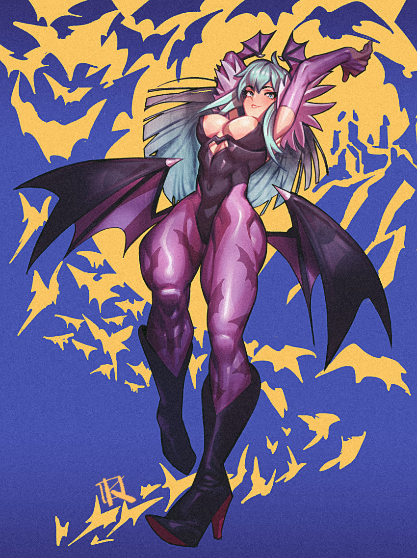 1girl areola_slip arms_up bat_wings black_boots black_leotard blunt_bangs blush boots breasts covered_navel darkstalkers elbow_gloves full_body gloves green_eyes green_hair grin head_wings high_heel_boots high_heels highres jin_rou knee_boots large_breasts leotard lips long_hair morrigan_aensland non-web_source pantyhose parted_lips print_pantyhose purple_gloves purple_pantyhose smile solo wings