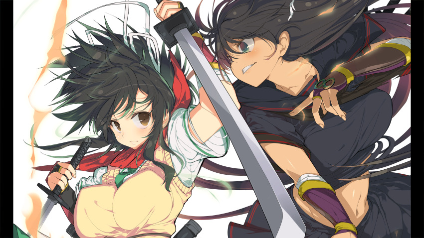 2girls absurdres asuka_(senran_kagura) aura black_hair black_sailor_collar black_shirt black_skirt breasts brown_eyes brown_gloves brown_vest covered_erect_nipples dark-skinned_female dark_skin dual_wielding fighting fingerless_gloves gloves green_eyes green_necktie hair_ribbon highres holding holding_sword holding_weapon homura_(senran_kagura) large_breasts long_hair looking_at_another midriff multiple_girls navel necktie non-web_source official_art ouroboros pillarboxed ponytail red_scarf ribbon sailor_collar scarf school_uniform senran_kagura senran_kagura_burst_re:newal serafuku shirt skirt sword tan vest weapon white_background white_ribbon white_shirt yaegashi_nan