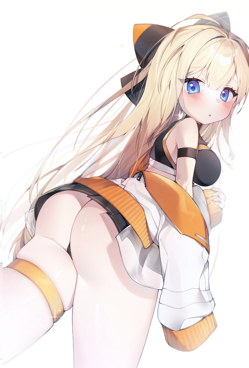1girl :o ass black_panties black_shirt black_skirt blonde_hair blue_eyes blush bow breasts commission from_behind hair_between_eyes hair_bow highres jacket long_hair looking_at_viewer medium_breasts open_mouth original panties sen_light shirt skirt sleeveless sleeveless_shirt solo standing thigh_strap underwear white_jacket