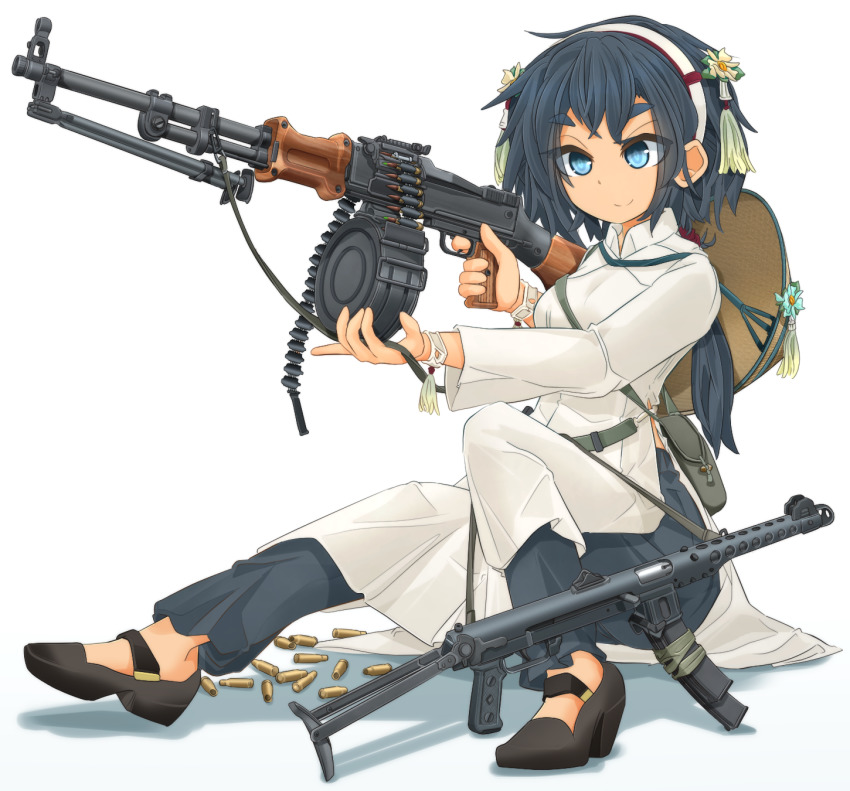 1girl ajirogasa ammunition_belt ao_dai bag black_hair black_pants black_sandals blue_eyes bracelet brown_headwear shell_casing carrying closed_mouth commentary_request dress female_focus full_body gun hair_ornament hairband hat high_collar highres holding holding_gun holding_weapon jewelry light_machine_gun long_sleeves machine_gun medium_dress mikeran_(mikelan) original pants partial_commentary pps-43 rpd sandals satchel shadow simple_background sitting smile solo submachine_gun weapon white_background white_dress white_hairband