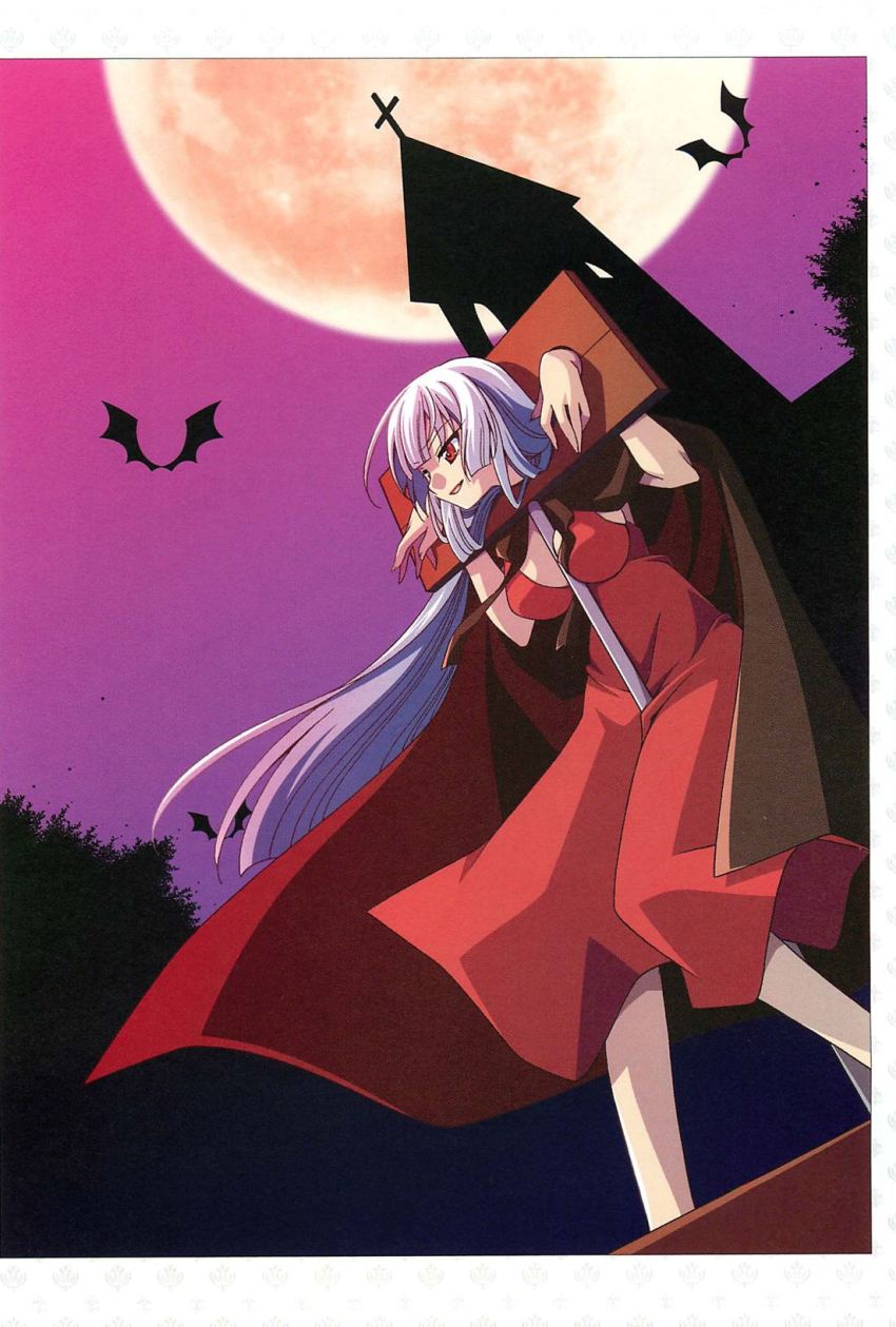 1girl bats bdsm bondage bound church dress female_focus highres long_hair moon night outdoors pillory red_dress red_eyes smile smirk solo white_hair