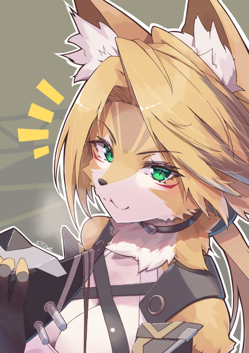1girl :3 animal_ear_fluff animal_ears black_choker black_gloves body_fur cat_ears cat_girl choker fingerless_gloves furry furry_female gloves green_eyes highres long_hair parted_bangs ponytail pulchra_fellini shirt smile solo strail_cycleman white_shirt yellow_fur zenless_zone_zero