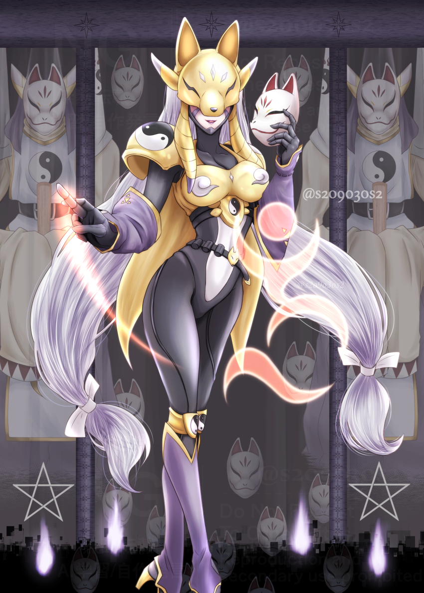 1girl absurdres armor belt black_belt black_bodysuit bodysuit breasts cleavage covered_collarbone covered_eyes detached_sleeves digimon digimon_(creature) evolutionary_line facial_mark feet_out_of_frame fox_mask gloves glowing_finger grey_hair high_heels highres holding kumi_(s2o9o3os2) large_breasts long_hair makeup mask parted_lips purple_lips purple_sleeves revision sakuyamon see-through_cleavage see-through_clothes shoulder_armor smile solo_focus standing stirrup_legwear taomon toeless_legwear twitter_username very_long_hair yellow_armor yellow_mask yin_yang yin_yang_print