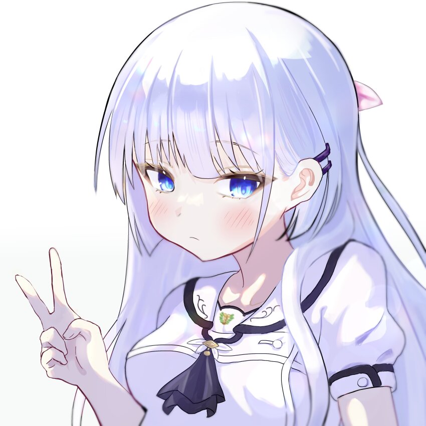 1girl absurdres ajft52o4jw30403 ascot blue_ascot blue_eyes blunt_bangs blunt_ends blush closed_mouth commentary_request eyelashes frown hair_behind_ear hand_up highres long_hair looking_at_viewer naruse_shiroha puffy_short_sleeves puffy_sleeves sailor_collar school_uniform serafuku shirt short_sleeves simple_background solo summer_pockets summer_pockets_school_uniform tsurime upper_body v white_background white_hair white_sailor_collar white_shirt