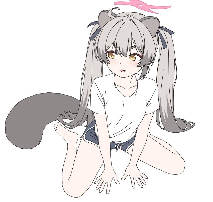 1girl animal_ears blue_archive grey_hair halo highres kutsusama michiru_(blue_archive) shirt sitting solo sportswear tail white_shirt yellow_eyes