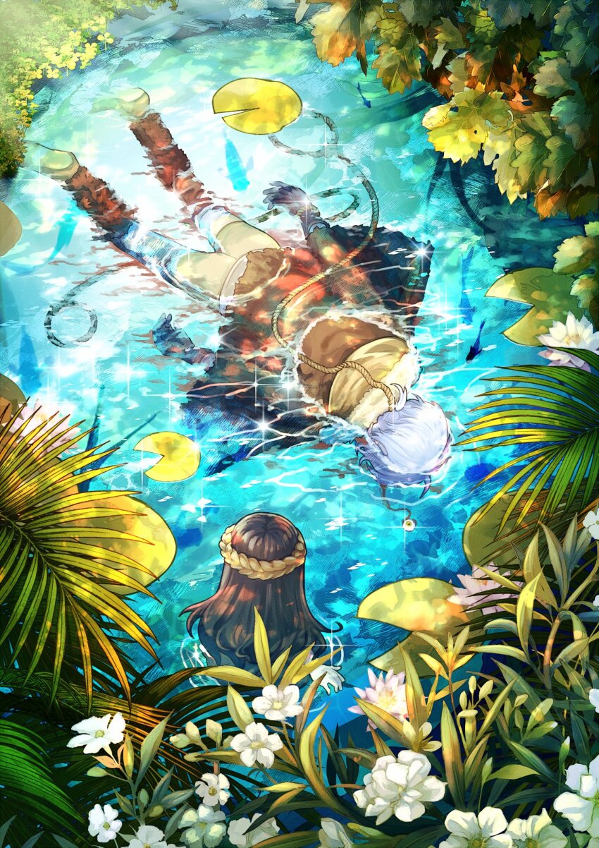 1boy 1girl boots brown_coat brown_footwear brown_gloves brown_hair coat floating_hair flower fumetsu_no_anata_e fushi gloves gredell_elle highres jewelry lake leaf lily_pad long_hair long_sleeves lying march_(fumetsu_no_anata_e) necklace on_stomach pants plant tree water white_flower white_hair white_pants