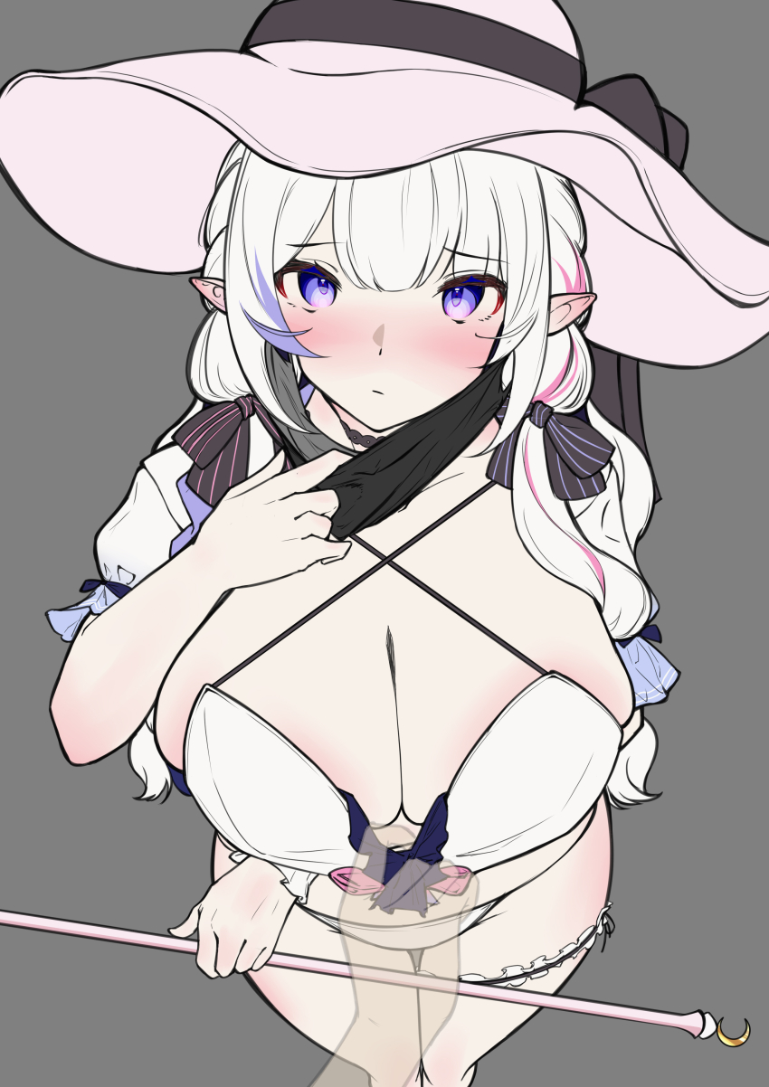 1girl 1other absurdres bikini black_mask blush breasts detached_sleeves feet_out_of_frame from_above grey_background hand_up hat highres holding holding_wand huge_breasts long_hair looking_at_viewer mask mask_pull mouth_mask nijisanji pink_hat pointy_ears pov pov_hands puffy_short_sleeves puffy_sleeves pulling_another&#039;s_clothes purple_eyes rhea_(virtuareal) see-through_body short_sleeves solo_focus standing surgical_mask swimsuit transparent_hand virtual_youtuber virtuareal wand weidimala_zui_pang_beijixiong white_bikini white_hair