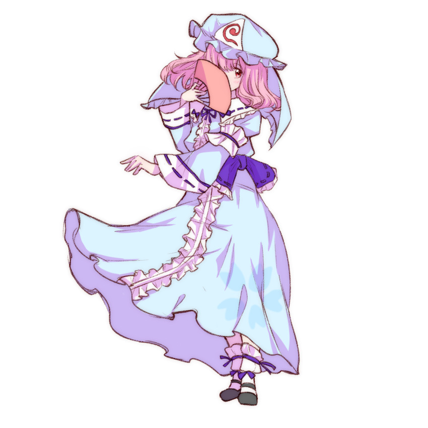 1girl black_shoes blue_bow blue_dress blue_ribbon bow center_frills chinese_commentary commentary_request covered_mouth dress fan_to_mouth frilled_bow frilled_socks frills full_body hand_fan hat highres holding holding_fan long_dress long_sleeves medium_hair mob_cap neck_ribbon pink_hair red_eyes ribbon ribbon-trimmed_bow ribbon-trimmed_sleeves ribbon_trim saigyouji_yuyuko shoes simple_background socks solo touhou transparent_background veil wenrenchumei white_socks