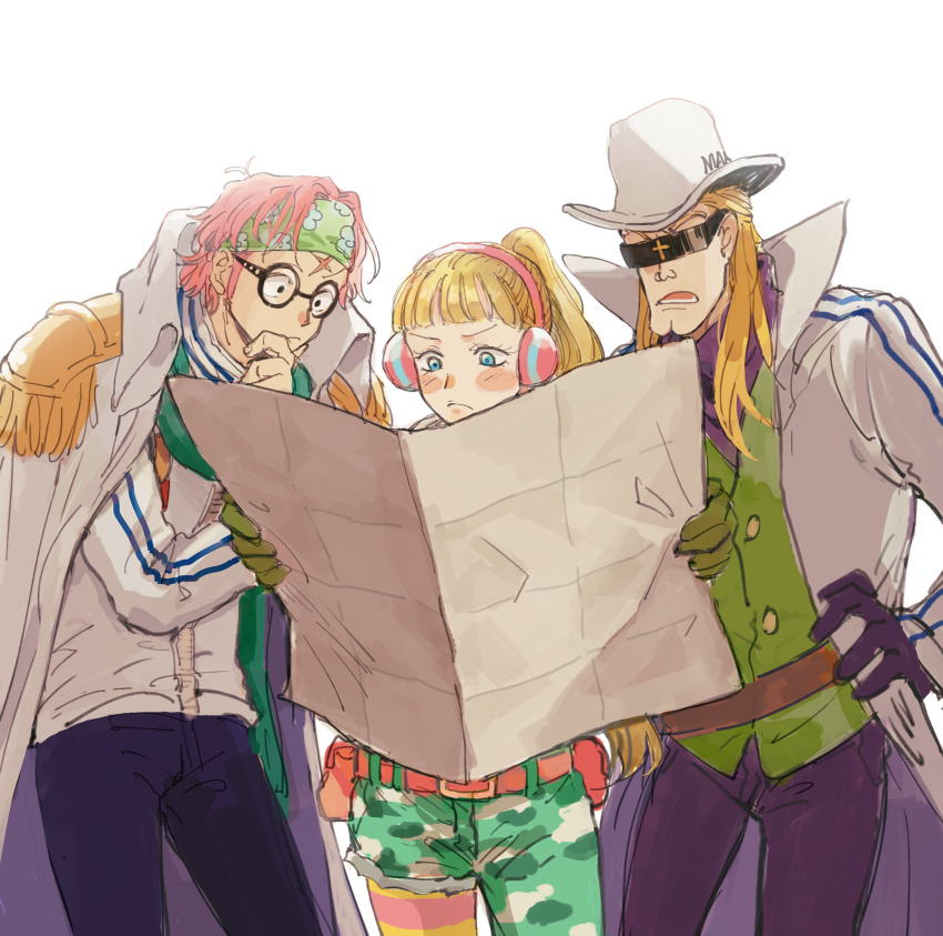 1girl 2boys belt belt_pouch blonde_hair blue_eyes blunt_bangs blush coat coat_on_shoulders collared_coat cowboy_shot epaulettes glasses gloves green_headband hat headband helmeppo hibari_(one_piece) highres koby_(one_piece) long_hair mocchi_(mkz) multiple_boys one_piece pink_hair ponytail pouch scar scar_on_face sideburns simple_background sunglasses white_background white_coat white_hat
