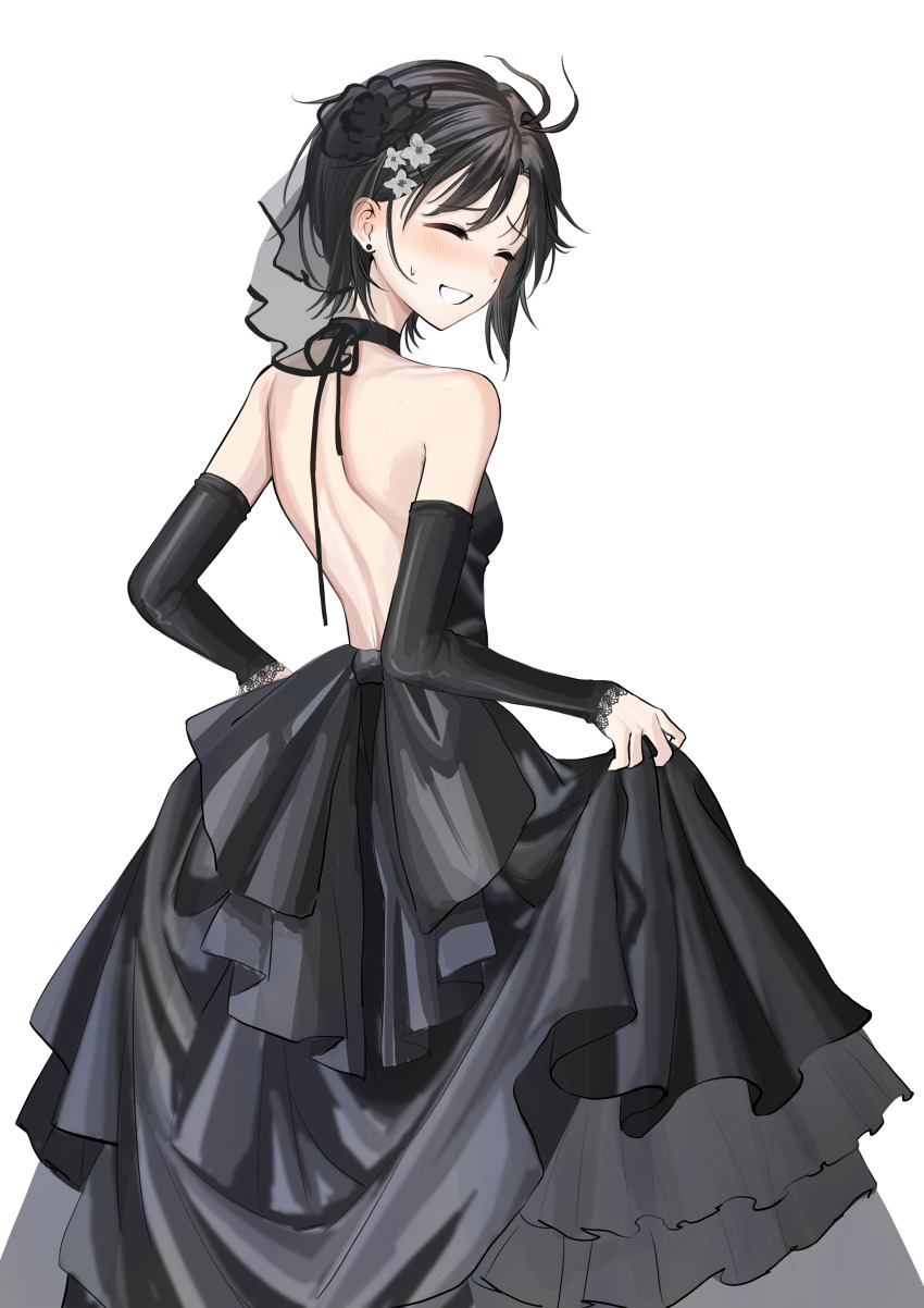 1girl absurdres aburi-gatana antenna_hair bare_shoulders black_choker black_dress black_hair black_ribbon blush breasts choker closed_eyes commentary_request cowboy_shot detached_sleeves dress ear_piercing embarrassed eyelashes facing_back flower frilled_dress frills from_behind furrowed_brow grin hair_flower hair_ornament highres idolmaster idolmaster_(classic) idolmaster_million_live! idolmaster_million_live!_theater_days kikuchi_makoto median_furrow messy_hair nose_blush open_mouth parted_bangs piercing ribbon short_hair shoulder_blades single_sidelock skirt_hold small_breasts smile solo sweatdrop teeth white_background