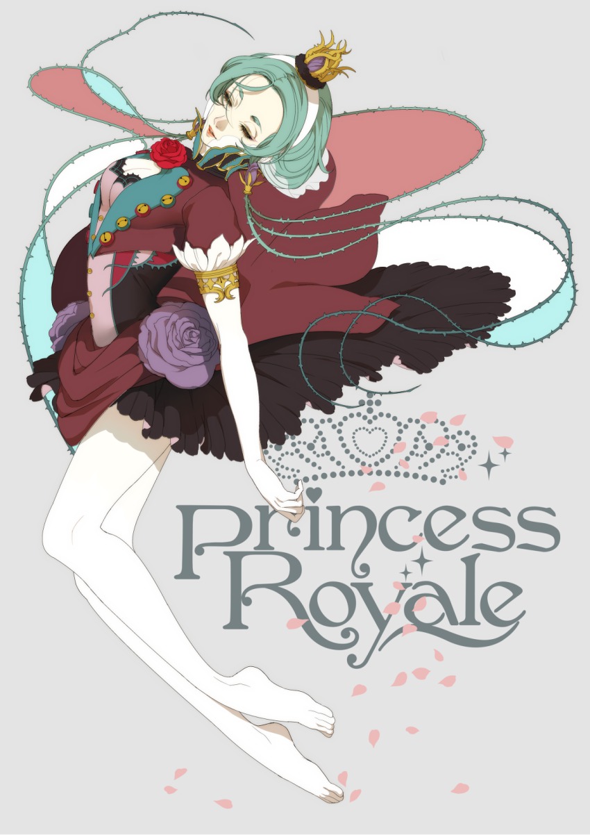 1girl bad_id bad_pixiv_id barefoot breasts cleavage closed_eyes copyright_name crown dress female_focus flower green_hair highres lips original petals princess_royale rose shirano sleeping_beauty_(disney) sleeping_beauty_(fairy_tale) sleeping_beauty_(fairy_tale_character) solo