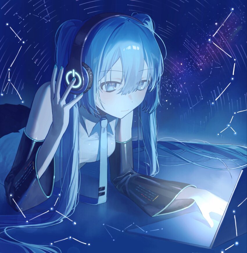 1girl aqua_nails aqua_trim black_sleeves blue_eyes blue_hair blue_necktie breasts closed_mouth collared_shirt computer constellation detached_sleeves hair_between_eyes hakai_orz hatsune_miku headset highres laptop long_sleeves lying medium_breasts necktie no_pupils on_stomach shirt solo star_trail vocaloid white_shirt wide_sleeves