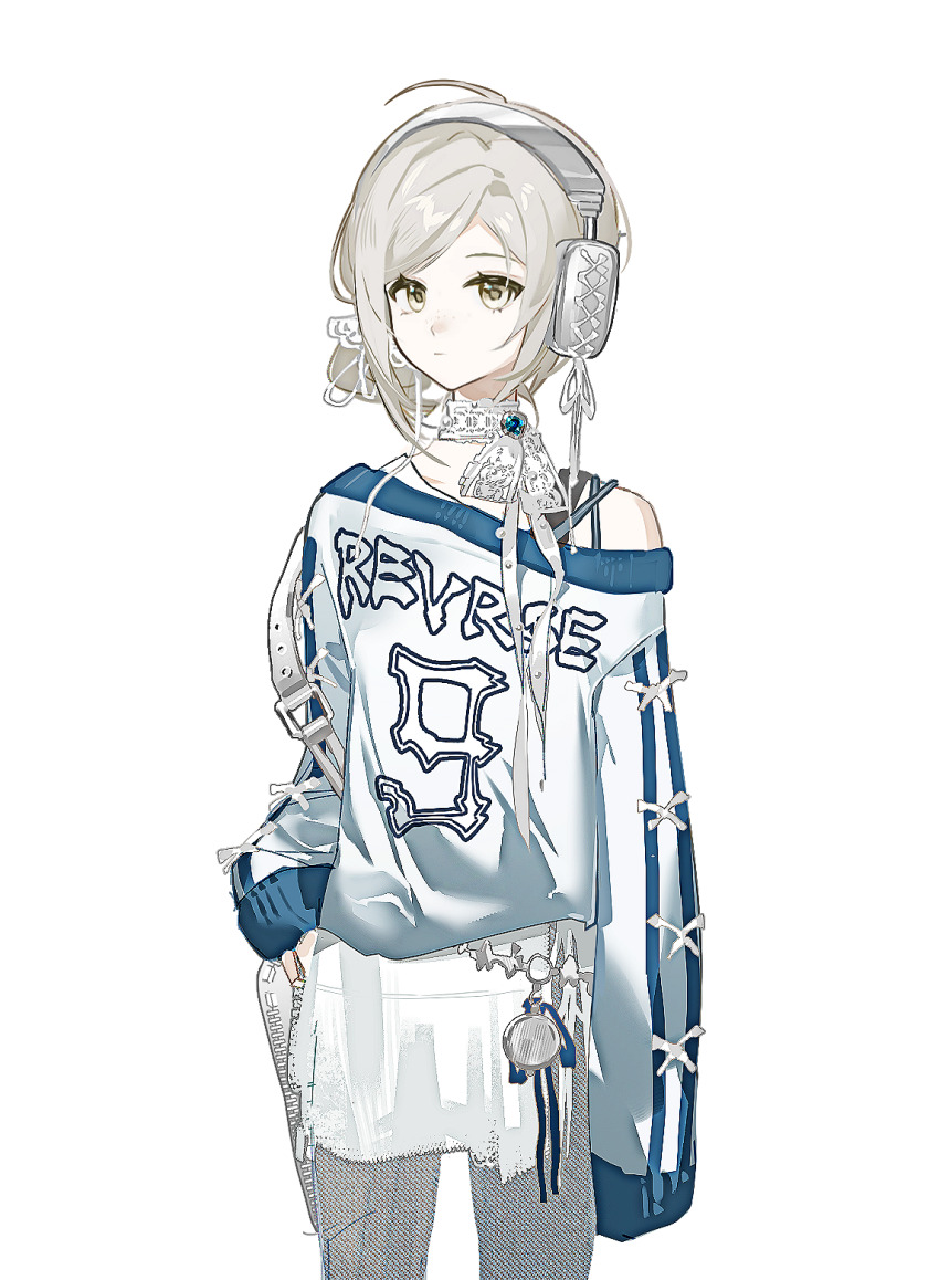 1girl alternate_costume blue_sweater cowboy_shot grey_eyes grey_hair grey_pants hair_bun headphones highres light176 looking_at_viewer pants reverse:1999 short_hair single_off_shoulder single_side_bun solo sweater vertin_(reverse:1999) white_background