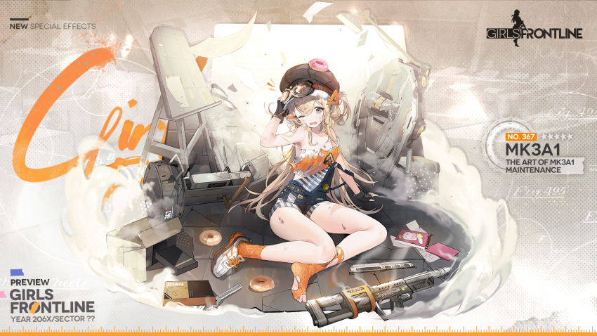 1girl anti-personnel_mine anti-personnel_weapon artist_request automatic_shotgun black_gloves black_hat blonde_hair blow-forward_firearm blue_overalls bullpup cabbie_hat camisole cassette_magazine character_name commentary copyright_name cylinder cylinder_(weapon) donut english_commentary explosive fingerless_gloves food gas-seal_revolver girls&#039;_frontline gloves goggles goggles_on_head gun hat highres long_hair looking_at_viewer mine_(weapon) mk3a1_(girls&#039;_frontline) mk3a1_(the_art_of_mk3a1_maintenance)_(girls&#039;_frontline) official_alternate_costume official_art one_eye_closed open_mouth orange_socks overalls pancor_jackhammer pancor_jackhammer_mk3a1 promotional_art prototype_design purple_eyes revolver_shotgun shoes shotgun sitting sneakers socks solo torn_clothes weapon white_camisole white_shoes