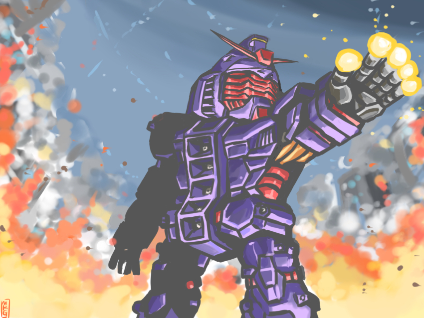 beam_cannon building burning chest_cannon chibi commentary_request debris destruction energy energy_gun faceplate finger_cannon firing gundam gundam_gquuuuuux highres machinery mecha mecha_focus mobile_suit mukago no_humans partial_commentary psycho_gundam reactive_armor red_visor robot ruins science_fiction signature sketch smoke solo v-fin weapon