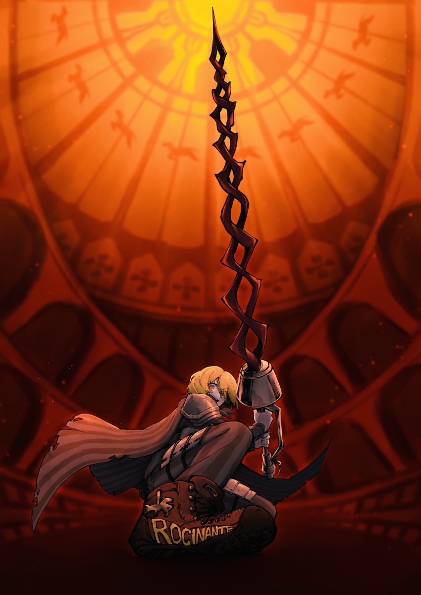 1girl absurdres armor blonde_hair boots brown_boots don_quixote_(project_moon) full_body highres holding holding_polearm holding_weapon la_sangre_de_sancho_(e.g.o) lance limbus_company long_sleeves looking_at_viewer open_mouth pants perspective polearm project_moon short_hair smile solo striped_cape striped_clothes striped_pants weapon yatsumeunagi yellow_eyes