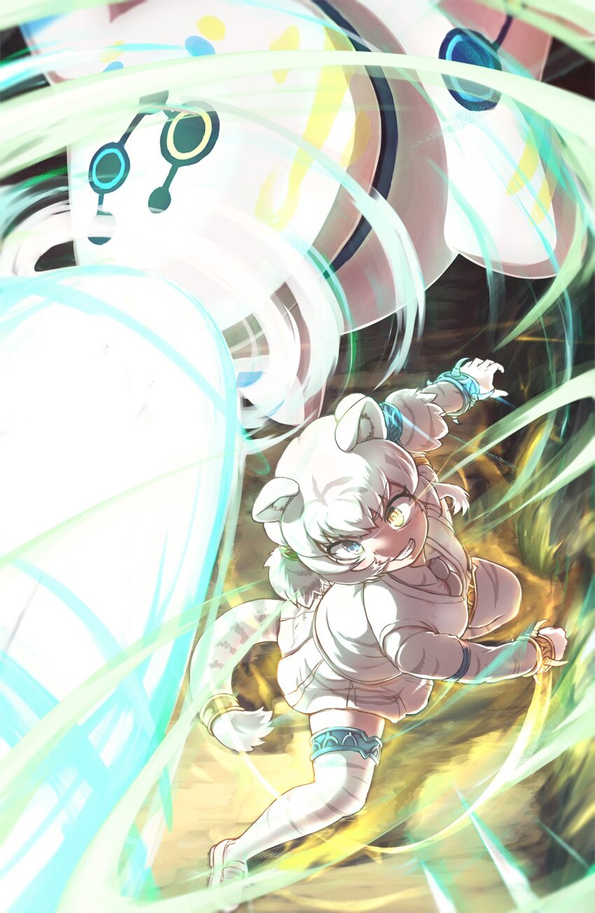 1girl animal_ears blue_eyes byakko_(kemono_friends) extra_ears heterochromia highres kemono_friends kneehighs necktie okyao shirt shoes short_hair simple_background skirt socks sweater_vest tail tiger_ears tiger_girl tiger_tail white_hair yellow_eyes