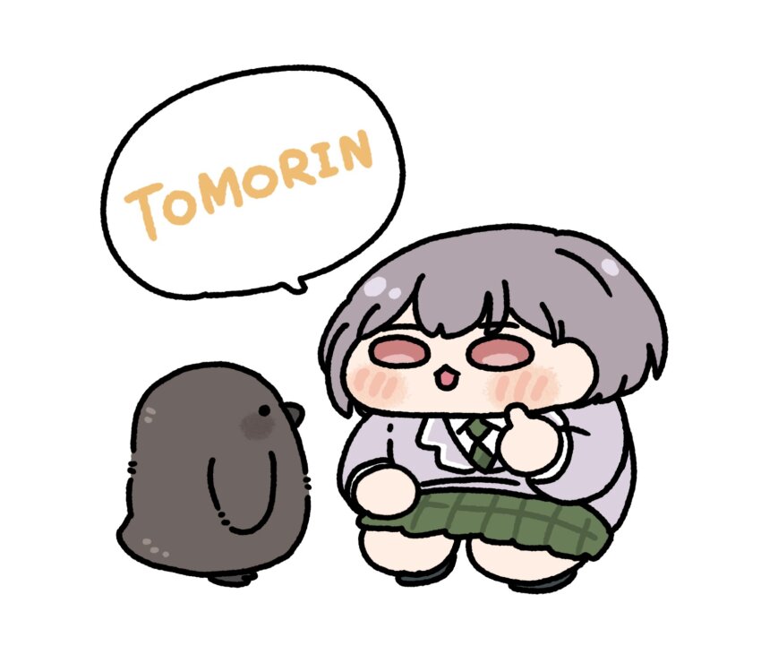 1girl :3 animal bang_dream! bang_dream!_it&#039;s_mygo!!!!! bird black_footwear blush bob_cut character_name chibi chibi_only commentary english_text eye_contact fuwafuwa_35 green_necktie grey_hair grey_jacket haneoka_school_uniform highres jacket looking_at_another miniskirt name_connection necktie no_pupils open_mouth penguin pink_eyes plaid_clothes plaid_skirt real_life school_uniform short_hair simple_background skirt speech_bubble squatting standing taiwan takamatsu_tomori tomorin_(penguin) white_background xpark