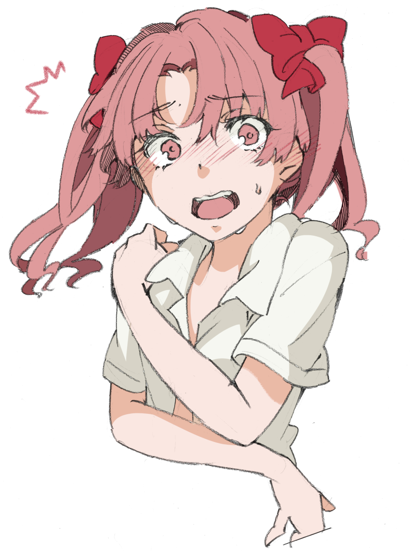 1girl absurdres blush bow brown_eyes brown_hair collared_shirt commentary_request covering_chest covering_privates crossed_arms dress_shirt ear_blush eyebrows_visible_through_hat hair_bow hair_ribbon hand_on_own_shoulder higashizukihi_sei highres long_hair looking_at_viewer no_vest nose_blush open_clothes open_mouth open_shirt pink_hair red_bow red_ribbon ribbon shirai_kuroko shirt short_sleeves solo summer_uniform surprised sweat teeth toaru_kagaku_no_railgun toaru_majutsu_no_index tongue twintails upper_body upper_teeth_only v-neck white_background white_shirt
