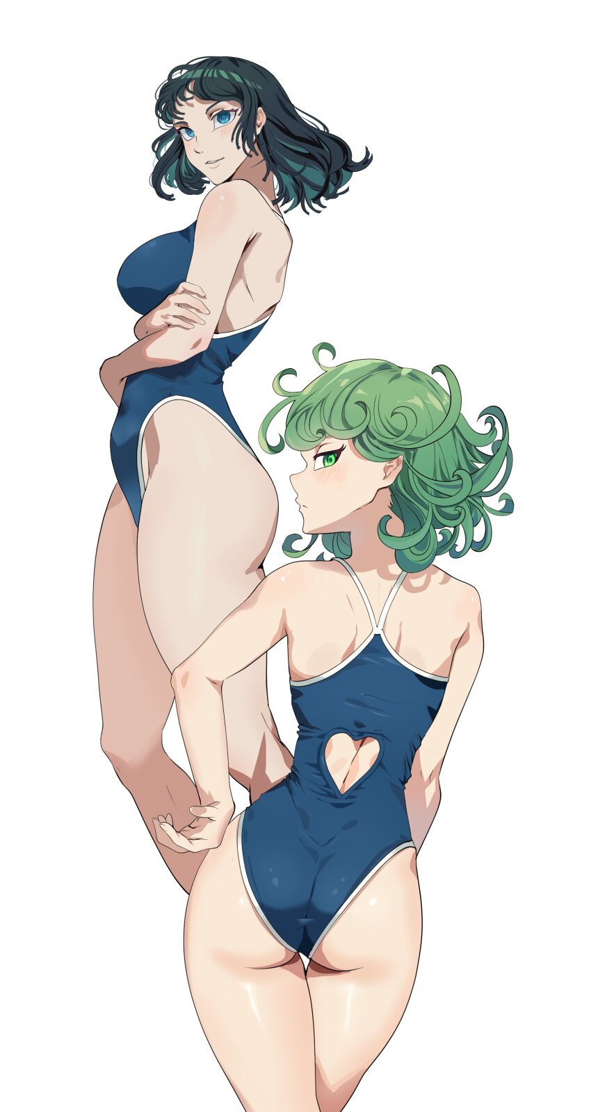 2girls absurdres ass back_cutout blue_eyes blue_one-piece_swimsuit breasts closed_mouth clothing_cutout commentary competition_swimsuit curly_hair firstdayiyui from_behind green_eyes green_hair heart_cutout highleg highleg_one-piece_swimsuit highres large_breasts looking_at_viewer looking_back median_furrow medium_hair multiple_girls one-piece_swimsuit one-punch_man parted_lips shoulder_blades simple_background standing swimsuit tatsumaki tatsumaki_(chapter_171_cover) thighs white_background