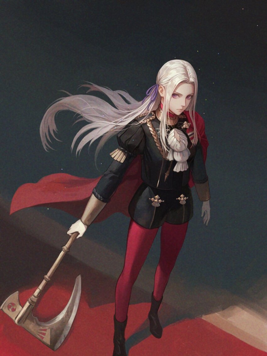 1girl axe black_boots boots breasts cape closed_mouth edelgard_von_hresvelg fire_emblem fire_emblem:_three_houses full_body garreg_mach_monastery_uniform gloves hair_ribbon highres holding holding_axe long_hair long_sleeves nintendo pantyhose purple_eyes purple_ribbon red_cape red_pantyhose ribbon side_cape solo white_hair wrainbow13
