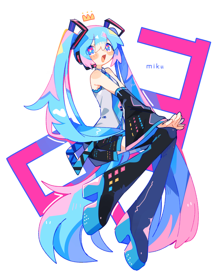 1girl 39 :d absurdres aqua_eyes aqua_hair aqua_necktie aqua_skirt bare_shoulders black_boots black_skirt black_sleeves boots bright_pupils character_name commentary crown detached_sleeves fang full_body grey_shirt hand_on_own_knee hatsune_miku headset highres long_hair looking_to_the_side miku_day miniskirt multicolored_skirt necktie open_mouth pleated_skirt shirt sitting skirt sleeveless sleeveless_shirt smile solo thigh_boots twintails uenomigi v_arms very_long_hair vocaloid white_pupils
