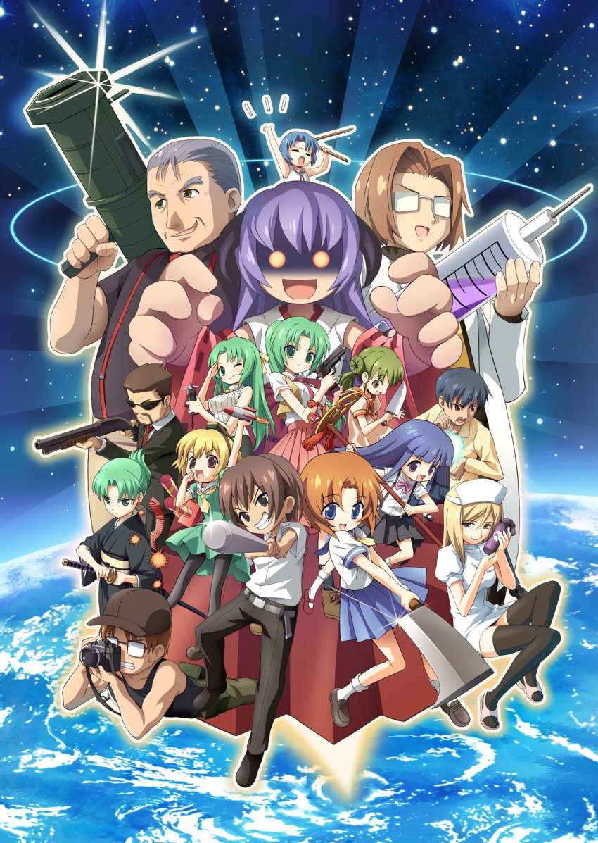 07th_expansion 6+boys 6+girls akasaka_mamoru artist_request baseball_bat beard black_hair blonde_hair blue_eyes blue_hair brown_hair camera chie_rumiko cover doctor donut_hair_bun everyone facial_hair furude_rika glasses green_hair gun hair_bun hanyuu hat headband highres higurashi_no_naku_koro_ni horns houjou_satoko irie_kyousuke japanese_clothes kasai_tatsuyoshi kimiyoshi_natsumi knife long_hair looking_at_viewer maebara_keiichi multiple_boys multiple_girls no_naku_koro_ni_(series) nurse nurse_cap official_art old old_man ooishi_kuraudo open_mouth ribbon ryuuguu_rena school_uniform serafuku short_hair siblings sisters skirt smile sonozaki_akane sonozaki_mion sonozaki_shion stun_gun sunglasses syringe takano_miyo thighhighs tomitake_jirou twins weapon zettai_ryouiki