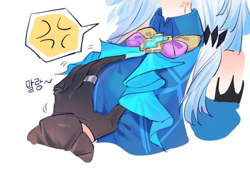 2girls anger_vein bare_shoulders black_gloves blue_hair brooch cerydra_(honkai:_star_rail) commentary gloves grabbing_another&#039;s_breast groping head_out_of_frame highres honkai:_star_rail honkai_(series) hysilens_(honkai:_star_rail) jewelry multiple_girls pic_p_p ring simple_background sleeveless spoken_anger_vein symbol-only_commentary white_background