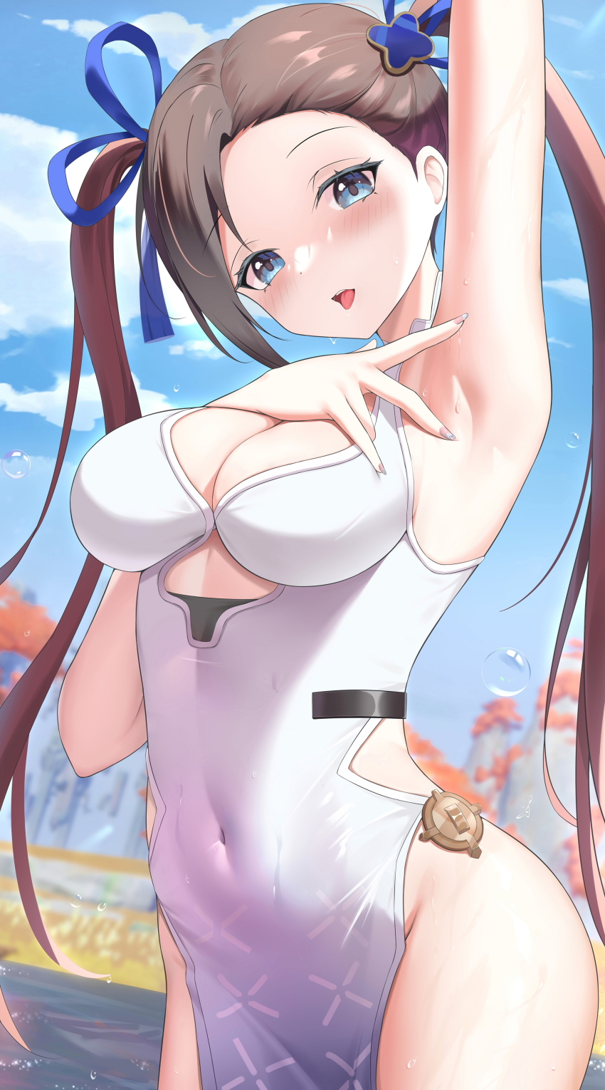 1girl absurdres arm_up armpits bare_arms bare_shoulders blue_eyes blurry breasts brown_hair china_dress chinese_clothes cleavage clothing_cutout covered_navel cowboy_shot day depth_of_field dress gradient_hair hair_ribbon highres long_hair looking_at_viewer medium_breasts multicolored_hair nail_polish no_panties open_mouth outdoors parted_bangs pelvic_curtain ribbon side_cutout sleeveless sleeveless_dress solo standing sweat thighs tongue tongue_out tower_of_fantasy twintails underboob_cutout v wet white_dress xiatian yu_lan_(tower_of_fantasy)