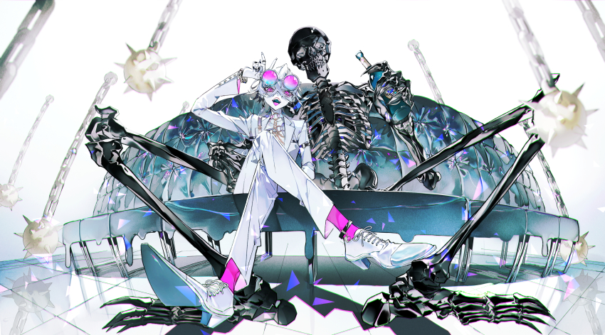 1boy 1other ball_and_chain_(weapon) black_nails blue-tinted_eyewear blurry bottle character_request choker collarbone commentary_request couch cross-laced_footwear crossed_bangs depth_of_field fingernails formal_clothes from_below gradient-tinted_eyewear hair_between_eyes high_heel_sneakers highres holding holding_bottle lapels long_fingernails long_sleeves looking_at_viewer mura_karuki nail_polish notched_lapels o-ring o-ring_choker open_mouth open_suit original pants pink-tinted_eyewear pink_socks reflective_floor short_hair simple_background sitting skeleton socks spiked_ball_and_chain suit tinted_eyewear white_background white_footwear white_pants white_suit wrist_chain